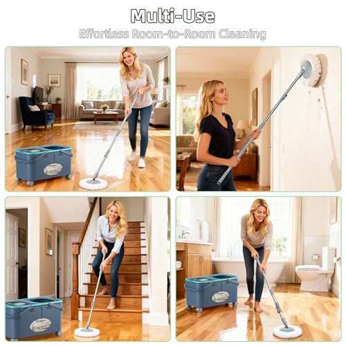 2026 Upgraded Gen 2 Spin Mop and Bucket Set with 4 Swivel Wheels for Easy Rolling, Separates Clean & Dirty Water, Floor Mop with 6 Washable Mop Heads for Wood, Tile, Vinyl, Baseboards - Grey/Blue - size: Grey/Blue Mop Bucket + 6 Extra Refill