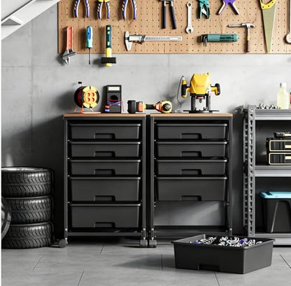SYKIARIOL 5-Tier Rolling Utility Storage Drawer Craft Cart on Wheels with Wooden Tabletop, Mobile Craft Storage Drawer Cart Trolley for Home Office, Classroom, Craft Room & Kid Room, Black - color: Black