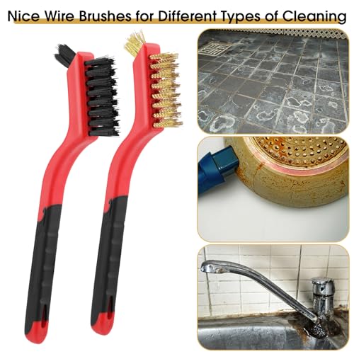 6 Pieces Wire Brushes Set, Small Metal Brass/Stainless Steel/Nylon Brushes for Cleaning Metal Rust Remover and Paint Removal - color: Red+3 Mixed Color