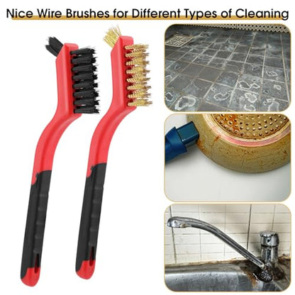 6 Pieces Wire Brushes Set, Small Metal Brass/Stainless Steel/Nylon Brushes for Cleaning Metal Rust Remover and Paint Removal - color: Red+3 Mixed Color