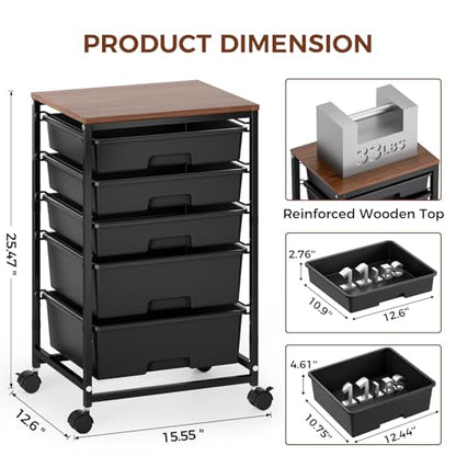 SYKIARIOL 5-Tier Rolling Utility Storage Drawer Craft Cart on Wheels with Wooden Tabletop, Mobile Craft Storage Drawer Cart Trolley for Home Office, Classroom, Craft Room & Kid Room, Black - color: Black