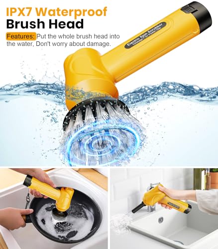 qimedo Battery Electric Spin Scrubber Q4, Handheld Scrubber for Cleaning with Display, Power Dish Scrubber with 5 Heads, Shower Cordless Cleaning Brush for Bathroom/Sink/Window - size: 5000mAh Scrubber with 5.0-inch Handle