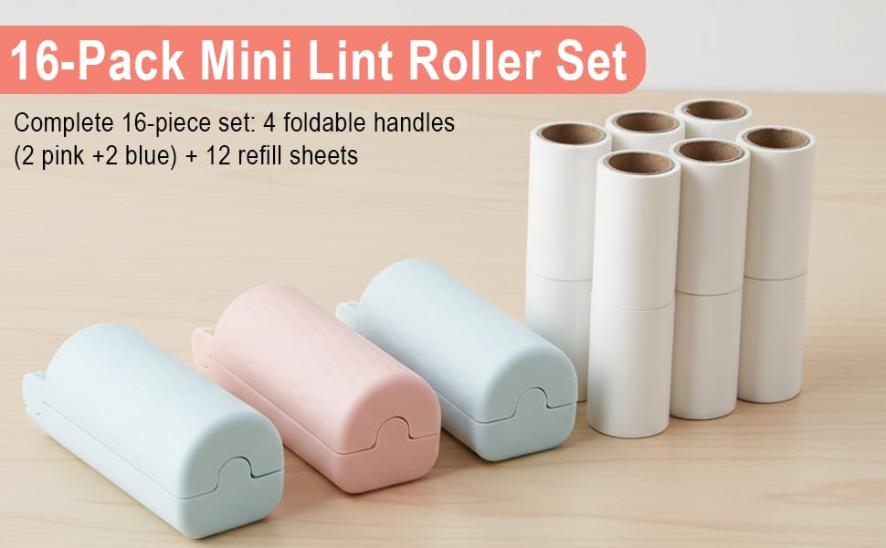 12 Pack Foldable Travel Lint Roller, Washable Foldable Lint Remover, Portable Cleaning Roller with 4 Handles & 8 Refills, Reusable Pet Hair Remover for Clothes with Protective Cover