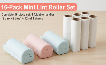 12 Pack Foldable Travel Lint Roller, Washable Foldable Lint Remover, Portable Cleaning Roller with 4 Handles & 8 Refills, Reusable Pet Hair Remover for Clothes with Protective Cover
