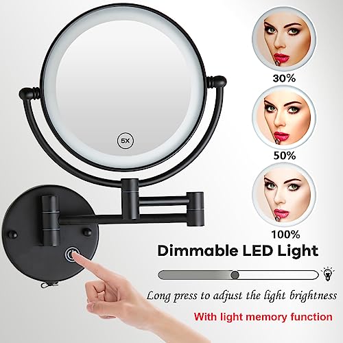 Rechargeable Bathroom Makeup Mirror with Light Wall Mounted, Brass 1/5X 2 Sided Magnifying Mirror with Extension Swing Arm, Touch Dimmable 360 Rotation Foldable Led Vanity Mirror, Matte Black - color: Matt Black
