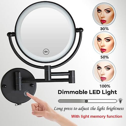 Rechargeable Bathroom Makeup Mirror with Light Wall Mounted, Brass 1/5X 2 Sided Magnifying Mirror with Extension Swing Arm, Touch Dimmable 360 Rotation Foldable Led Vanity Mirror, Matte Black - color: Matt Black