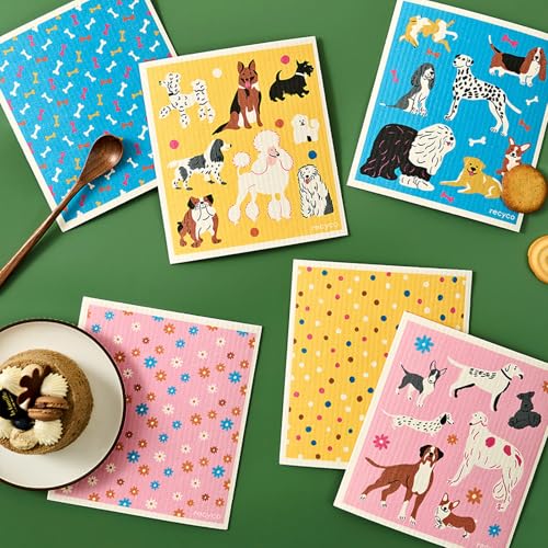 RECYCO Swedish Dishcloths for Kitchen | 6 Pack Doggy Daydreams Washable Dish Rags | Cellulose Reusable Cleaning Paper Towels | Absorbent Counter Dish Cloth Sponge Kitchen Wipes, 8" L x 7" W - color: Doggy Daydreams - 6 Pack
