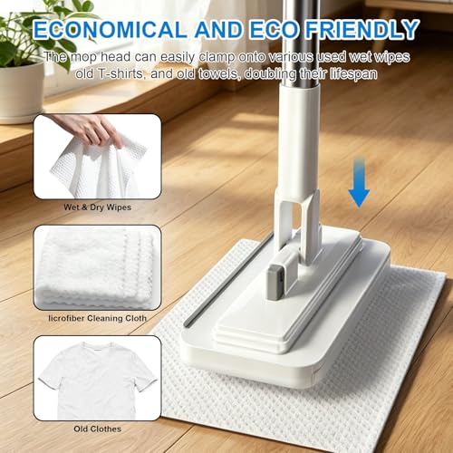 Snap Grip Mini Mop, Hands Free Flat Mop with 135cm Long Handle & Upgraded Water Squeegee – Zero-Touch Cloth Change Compatible with Face Towels, Wet/Dry for Hardwood, Tile, Corners