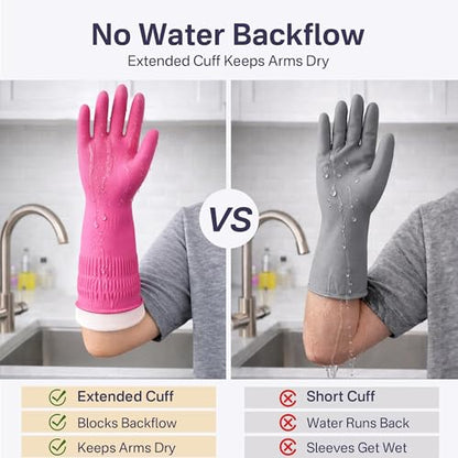 Rubber Dishwashing Gloves, 3 Pairs, Reusable Cleaning Dish Gloves for Kitchen, Non-Slip, Waterproof Dish Washing, Long Cuff for Woman (Red+Pink+Green, Medium)