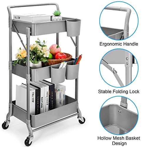 Foldable 3 Tier Metal Utility Rolling Cart, Folding Mobile Multi-Function Storage Trolley Organizer Cart for Home Library Office(Grey) - color: Gray