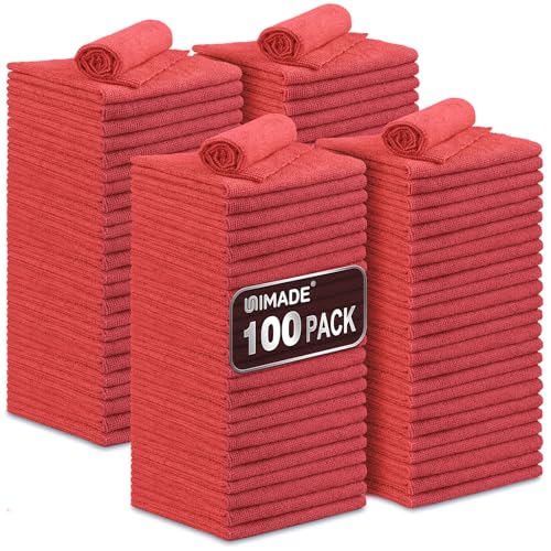 UNIMADE Shop Towels, 100 Pack Commercial Grade Work Rags Microfiber Towels for Cars Cleaning Rag Bulk Detailing Cloth for Automotive Bar Mechanic Restaurant Garage Housekeeping, 11.5"x 11.5", Red - color: Red, size: 100pk