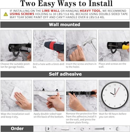 Black 5 Racks and 4 Hooks Mop and Broom Holder Wall Mount, Broom Organizer Storage Tool Racks Stainless Steel Heavy Duty Hooks Self Adhesive Solid Non-slip for Home Kitchen Garden Laundry Garage - color: 5 Racks & 4 Hooks (Black) - 1 Pack