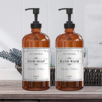 Sunrise Premium, 16 OZ Thick Amber Glass Soap Dispenser with Pump 2 Pack, Hand and Dish Soap Dispenser Set for Bathroom with 6 Waterproof Labels - color: Black Plastic Pump - Amber Glass