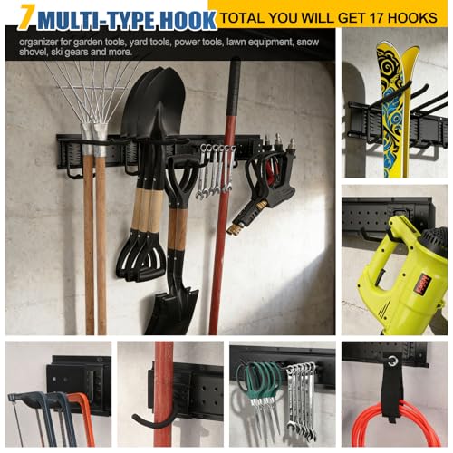 66'' Garage Tool Organizer Wall Mount 21PCS, 750lbs Heavy Duty Garden Tool Organizer with 17 Adjustable Hooks, Yard Tool Hanger for Shovel Rake Broom Ladder, Garage Wall Organization, Men's Gift - size: 66''-21Pack