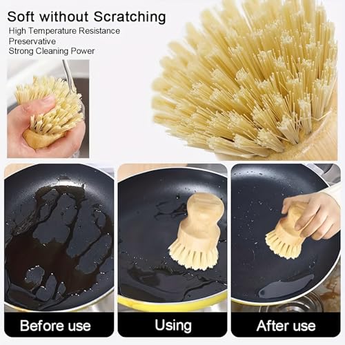 2 Pcs Bamboo Dish Brush, Palm Round Mini Pot Brush Natural Scrub Brush Durable Scrubber Cleaning Kit with Union Fiber for Cleaning Pots and Pans