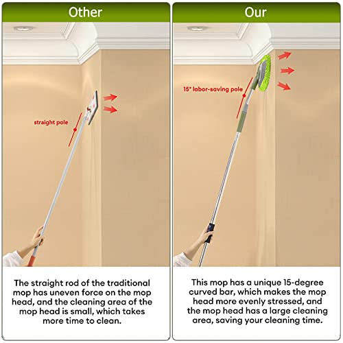 Wall Cleaner, Max 66'' Wall Mop with Long Handle, Ceiling Dust Mop with 15° Labor-Saving Elbow Extension Pole, Baseboard Duster Washer Scrubber, High Reach Window Cleaning Brush, Roof Cleaning Tool-GN - color: Green