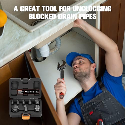 1.5" Tub Drain & Pipe Nipple Extractor Set, 8-Piece Plumbing Tools Kit with Socket - Remove Stubborn, Rusted, Broken Bathtub Drains & Shower Arms, with Solid Storage Case