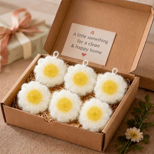 6 Piecs Fun Daisy Shape Dish Sponge Gifts Dual Sided Non Scratch Daisy Dish Washing Scrubbers, Reusable Household Cleaning Kitchen Tools for Dishwashing Washing Dishes Cookware Spring Kitchen Decor - style: Daisy