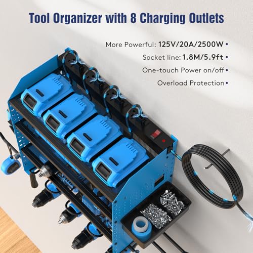 Heavy Duty Power Tool Organizer Wall Mount with Charging Station, 4 Layer Garage Storage Adjustable Shelves Height, Holds 4 Drills, 2 Hooks, Screw & Screwdriver box, Gifts for Fathers Day, Anniversary - color: Blue
