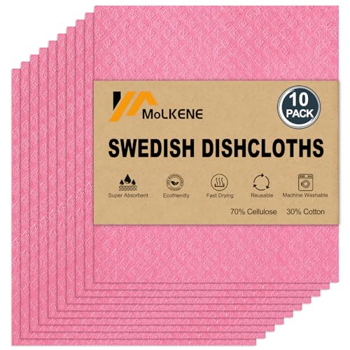 MoLKENE Swedish Dishcloths - 10 Pack Reusable Kitchen Dishcloths - Ultra Absorbent Dish Towels for Washing Dishes - Cellulose Sponge Cloth Cleaning Cloths - Pink - color: 10 Pack Pink, size: 10 Pack