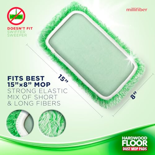 Millifiber Floor Duster Refills 15x8 Inches, 3-Pack (Mop Not Included) | Reusable microfiber duster covers, replacement heads, hair & dust mopping cloths - color: Dry Duster (Green), size: 3 Count (Pack of 1)