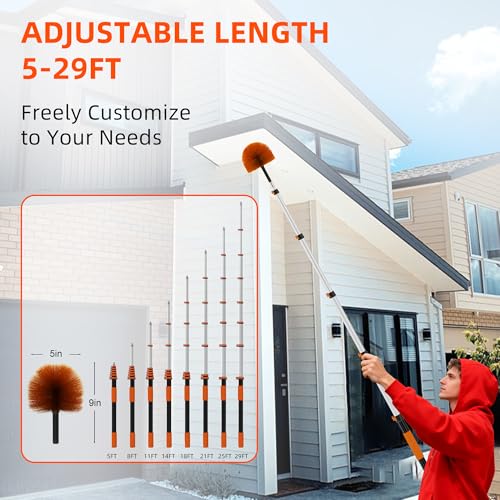 35 FT Reach Cobweb Duster with 5-29FT Telescoping Pole, Dual Action Flip-Lock & Screw Fixing Design, Washable Reusable Duster for High Ceilings, Fans & Home Cleaning - size: 5-29FT