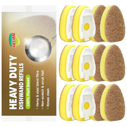 Natural Dishwand Sponge Refills, Plant-Based Dish Wand Replacement Head | Non-Scratch Sisal Hemp Heavy Duty Scrubber Dispenser, Scrub Dishwashing Brush Cleaning Pad Refill for Kitchen Sink Dishwash - size: 12Pack
