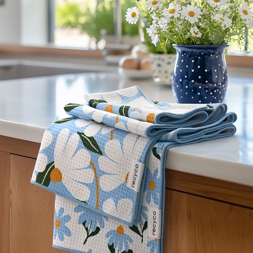 RECYCO Waffle Kitchen Towel Set of 2 - Quick Dry Microfiber Sustainable Dish Towels - Ultra Absorbent Reusable Cleaning Tea Towels - Lightweight Hand Towels,16”x 28”, Daisy Dreams - color: Daisy Dreams