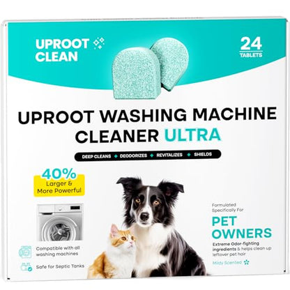 Uproot Clean Washing Machine Cleaner Tablets Ultra - 40% Stronger Formula: Designed for Pet Owners, Remove Residue, Grime & Odors, Compatible with HE, Top & Front Load, 24 Pack - 12 Month Supply - style: Ultra