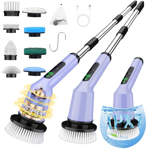Shower Scrubber with Long Handle, Shower Cleaner Brush with 8 Floor Machine Pads, Cordless Electric Spin Scrubber for Cleaning with 2 Speed, Cleaning Supplies for Bathroom Bathtub Kitchen Floor Toilet - color: Purple, size: 8 Brush Heads