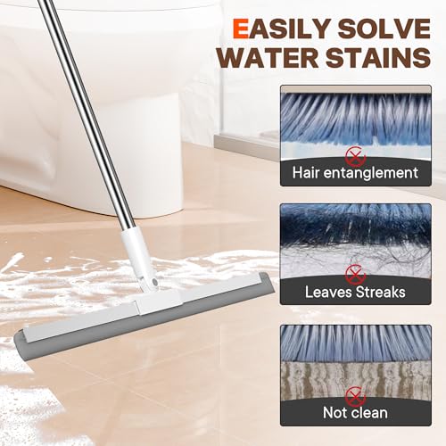 Silicone Squeegee for Floor, 180° Rotating Squeegee Broom, Floor Squeegee with a Long Handle, Squeegee for Water and Pet Hair Removal on Bathroom Floors, Tile, Glass, Indoor Window Cleaning Tool - size: 16in | 4-Section Pole (62in) | No Pad