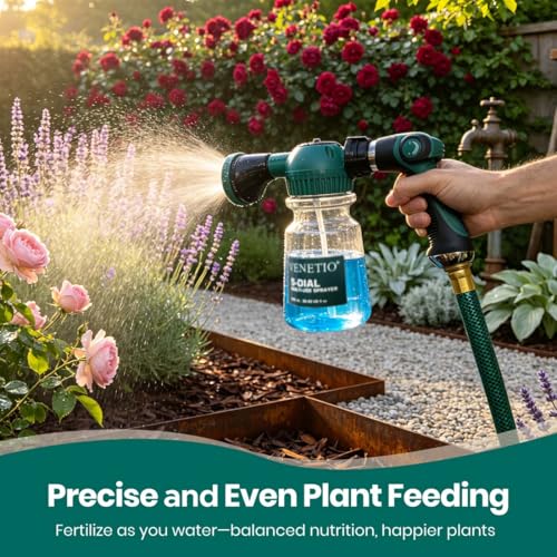 VENETIO 5-Dial Hose-End Sprayer - 6 Adjustable Spray Patterns Nozzle & 30oz Refillable Bottle for Liquid Fertilizer, Weed Killer & Soap | Lawn, Garden, Car Wash & Outdoor Cleaning Versatile Spray Gun - style: Sprayer (30 oz)