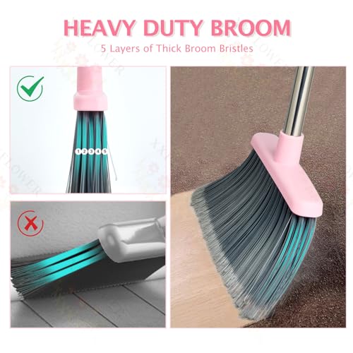 Broom and Dustpan Set, Dustpans with Broom Combo for Home, Heavy Dust Broom and Dustpan Combo, Long Handle Dust Pan and Broom Set for Kitchen, Office, Pet Hair(Gray Pink) - color: Pink 1-pack