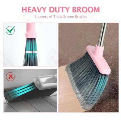 Broom and Dustpan Set, Dustpans with Broom Combo for Home, Heavy Dust Broom and Dustpan Combo, Long Handle Dust Pan and Broom Set for Kitchen, Office, Pet Hair(Gray Pink) - color: Pink 1-pack