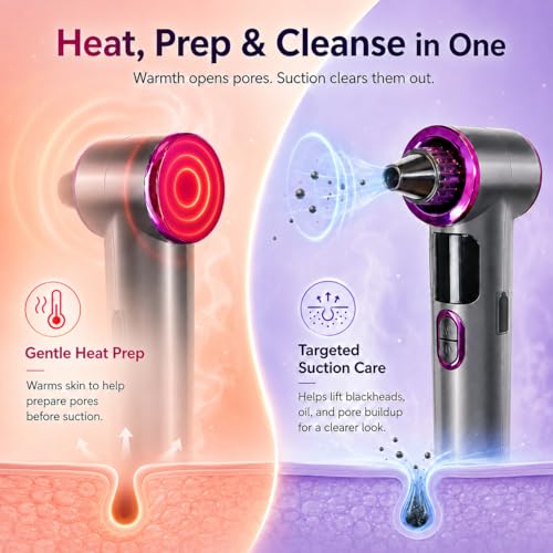 Heated Blackhead Remover Vacuum, Warm Compress Pore Vacuum Cleaner with 3 Suction Levels, LED Display, USB Rechargeable Facial Pore Cleaner Kit, 5 Heads and 4 Stainless Steel Tools