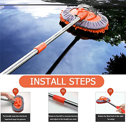 WillingHeart 47.5" Car Wash Brush Mop Cleaning Tool with Long Handle Kit for Washing Detailing Cars Truck, SUV, RV, Trailer, Boat 2 in 1 Chenille Microfiber Sponge Duster Not Hurt Paint Scratch Free - color: Orange
