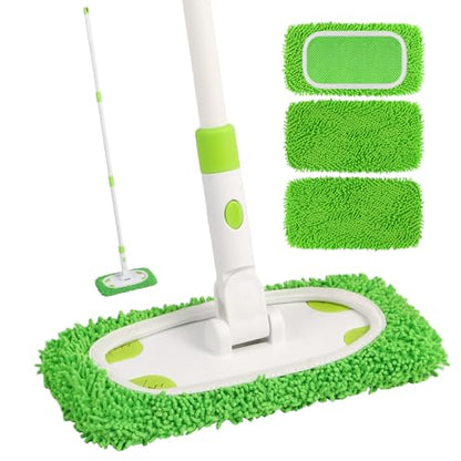 Reusable Microfiber Floor Mop System, Wet & Dry Sweeper Kit, Includes 1 Sweeper Handle, 3 Washable Chenille Mop Pads, Dry & Wet Use for Hardwood, Tile, and Laminate Floor, Green - color: Green