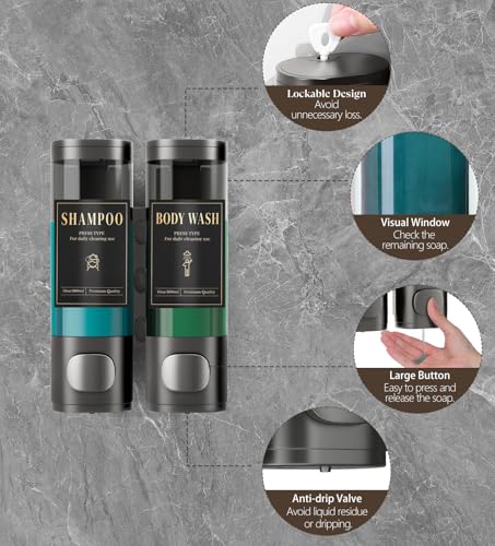 Luxspire Shampoo and Conditioner Dispenser, No Drill Wall Mounted Shower Soap Dispenser 2 Chamber with Waterproof Labels, Easy Refill Soap Dispenser for Bathroom Hotel Kitchen, Gray - color: Gray, size: 2 Chamber