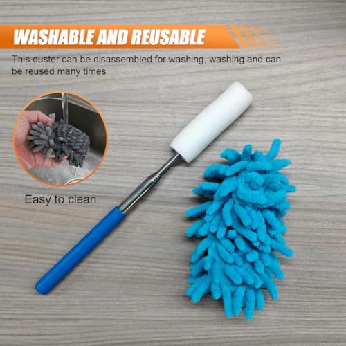 6PCS Microfiber Duster for Cleaning, Washable Chenille Hand Dusters with Extendable Telescoping Pole, Mini Car Interior Dusting Brush Tool for Auto Dash, Home, Office, Blinds(Blue) - color: Blue