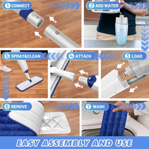 HOMTOYOU Microfiber Flat Mop with Sprayer: Spray Mop with 4 Washable Pads | Cleaning Multi-Surface Floors, 1Pcs 400+ML Refillable Bottle, Wet Dry Use, 360° Swivel Head, White - color: White Blue