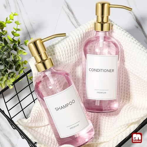 GMISUN Pink Soap Dispenser Bathroom, 2 Pack Kitchen Hand and Dish Soap Dispensers Set, 17 Fl Oz Pink Glass Soap Dispenser with Gold Pump, Refillable Modern Farmhouse Liquid Soap Pump Bottles - color: Pink Bottle + Golden Pump