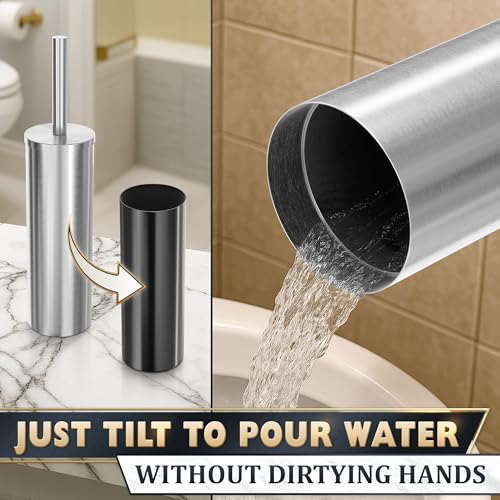 Stainless Steel Toilet Brush and Holder Set - Free-Standing Toilet Bowl Brush and Holder with Removable Inner Bowl, Splash Cover, Sturdy Bristles, Corrosion & Scratch Resistant - Modern Toilet Design - color: Silver