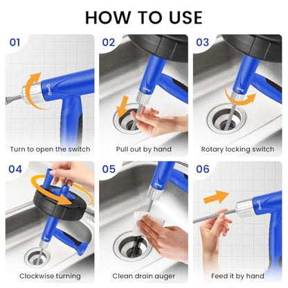 XJX Drain Auger, Plumbing Snake with Drill Adapter, 25FT Flexible Steel Drain Clog Remover, Manual or Powered for Kitchen, Bathroom & Shower Sink, with Gloves and Storage Bag - color: Bule