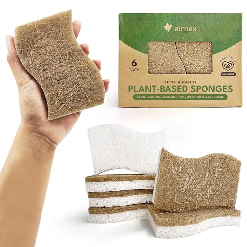 AIRNEX Natural Kitchen Sponges (6 Pack) - Biodegradable Cellulose & Coconut Scrubber Dish Sponges for Kitchen - Eco-Friendly, Non Scratch, Compostable, Non Toxic S-Shaped Natural Sponges for Dishes - size: 6 Pack