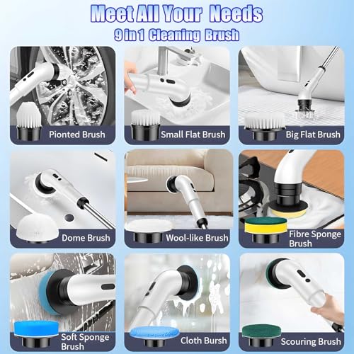 Electric Spin Scrubber, Cordless Bathroom Scrubber Brush with 9 Replaceable Heads,3-Speed Electric Scrubber with Adjustable Handle,IPX7 Shower Scrubber for Bathroom Tile,Kitchen Countertop,Car Trunk