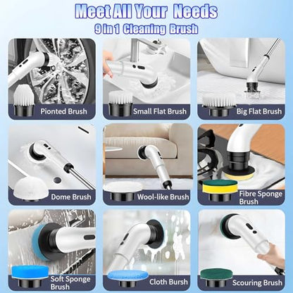 Electric Spin Scrubber, Cordless Bathroom Scrubber Brush with 9 Replaceable Heads,3-Speed Electric Scrubber with Adjustable Handle,IPX7 Shower Scrubber for Bathroom Tile,Kitchen Countertop,Car Trunk