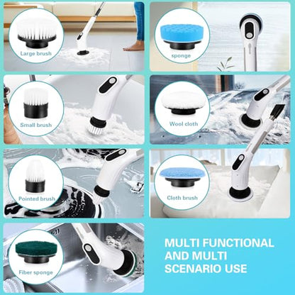 Electric Spin Scrubber, Waterproof Cordless Shower Cleaning Brush with Replaceable Brush Heads and Adjustable Extension Handle 2 Speeds for Bathtub Kitchen Wall Cleaning