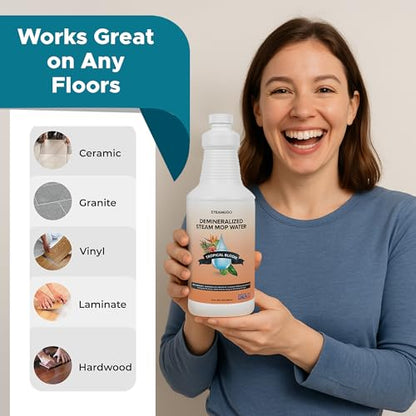 Steam & Go Demineralized Water for Steam Mop – Tropical Bloom Scent, 32 oz | Scented Floor Cleaner Solution, Ready-to-Use, Compatible with Any Steam Cleaner - size: 32 Fl Oz (Pack of 1)