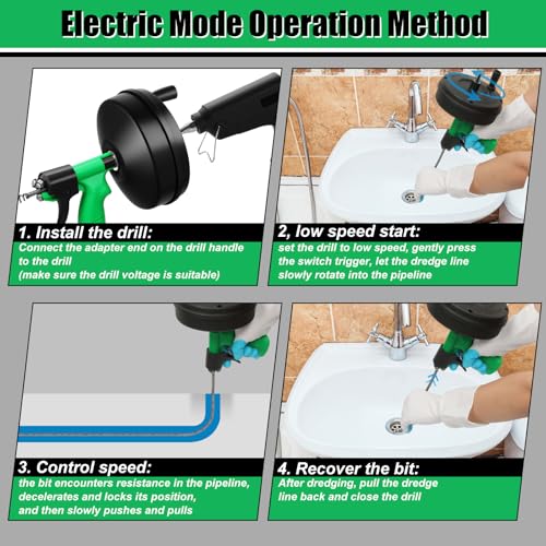 50 Ft Drain Snake, Fast Unclog Snake, Manual & Electric Plumbing Snaker for Shower Sink, Toilet and Kitchen, Drain Auger 50 ft Comes with Gloves and Bag, 1/4 Inch, Green