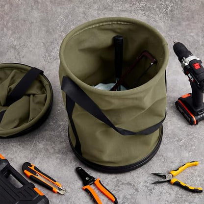 2 Pack Canvas Bucket 15" x 12" Heavy Duty Lineman Tool Bag with Plastic Bottom & Metal Hook Electrician Tool Organizer for Jobsite Use, Load Rated up to 150 Pounds (Army Green) - color: Army Green